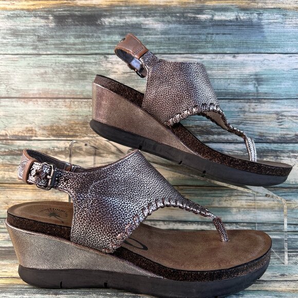 OTBT Meditate Thong Sandals Womens 8M Gray Leather Wedge Slingback Whipstitch - Picture 1 of 12